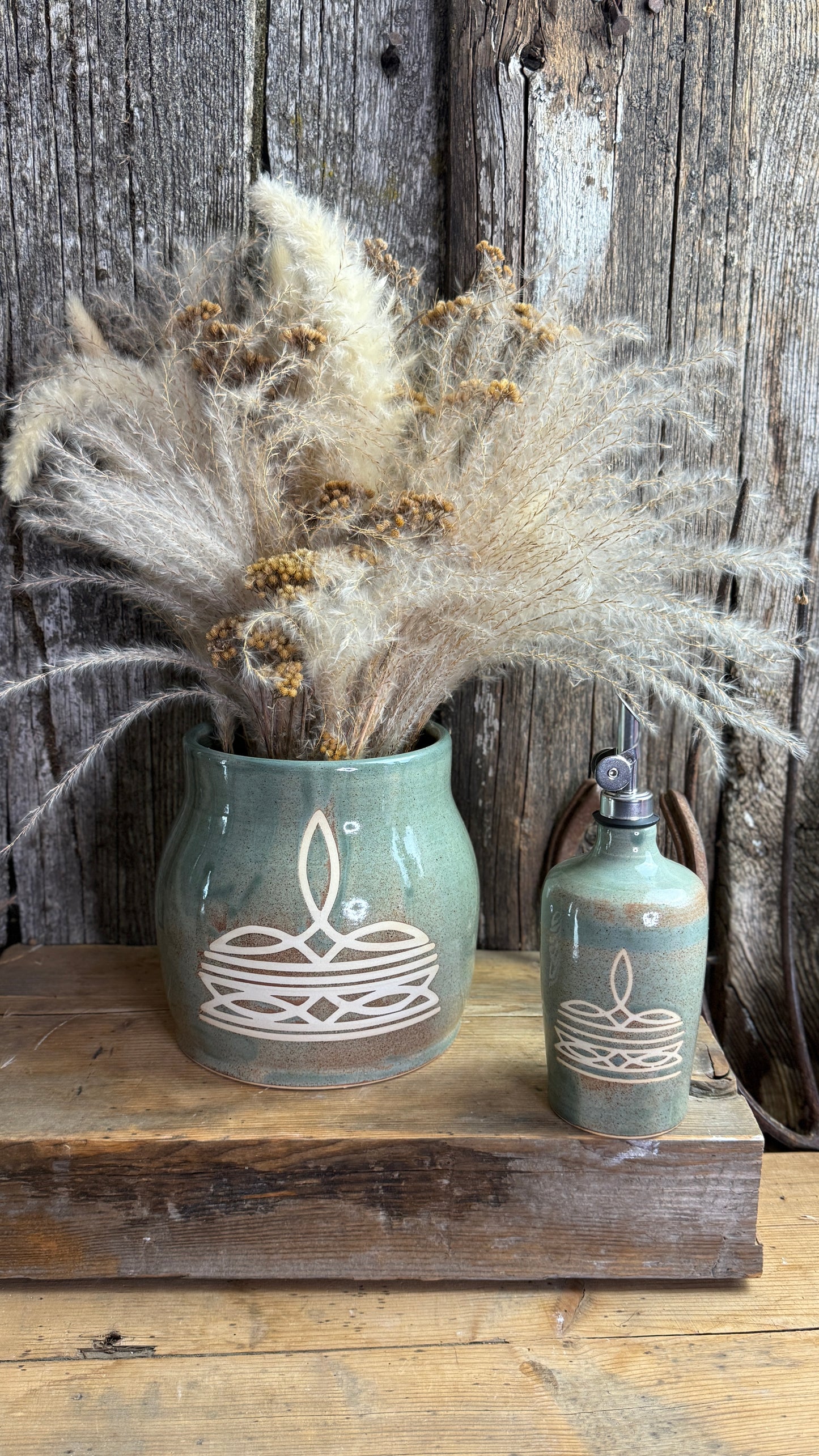Kitchen Utensil Crock and oil bottle  - Bootstitch Sagebrush