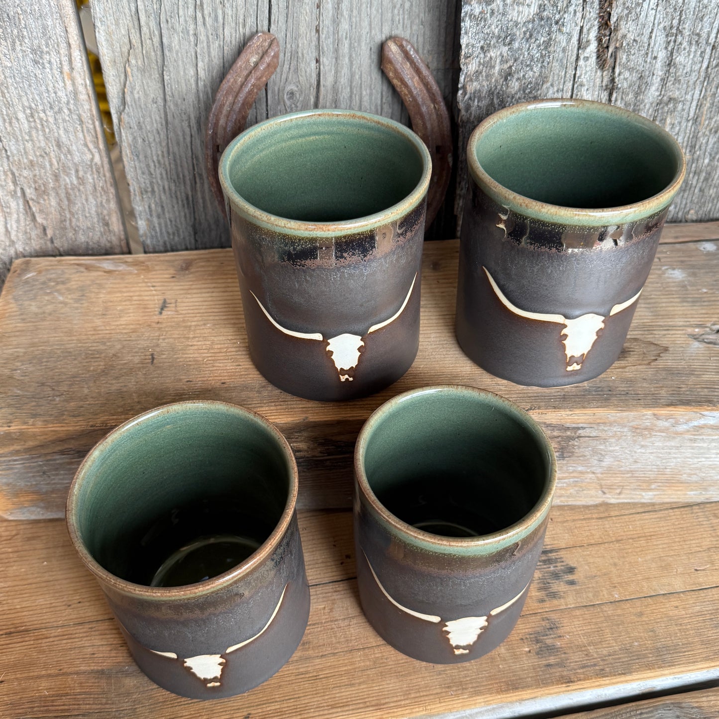 Cup Set of 4 - Longhorn Leather and Sagebrush