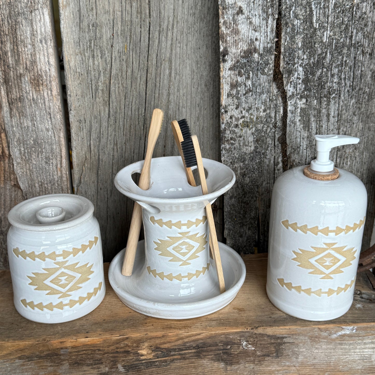 Bathroom Set of 3 - Soap Bottle, canister, and toothbrush holder - Southwestern White