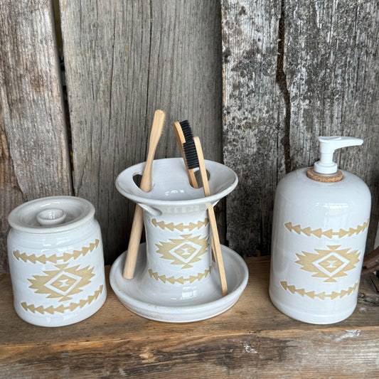 Bathroom Set of 3 - Soap Bottle, canister, and toothbrush holder - Southwestern White