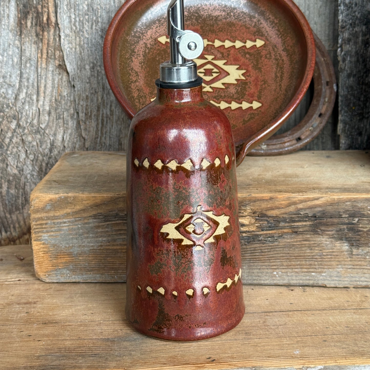 Kitchen Utensil Crock, spoon rest and Oil Bottle - Southwestern Copper