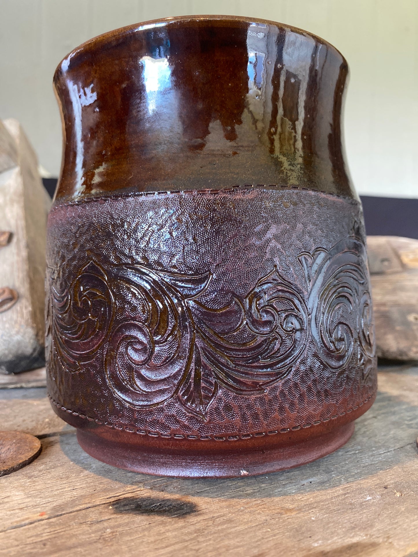 Carved Leather Kitchen Crock