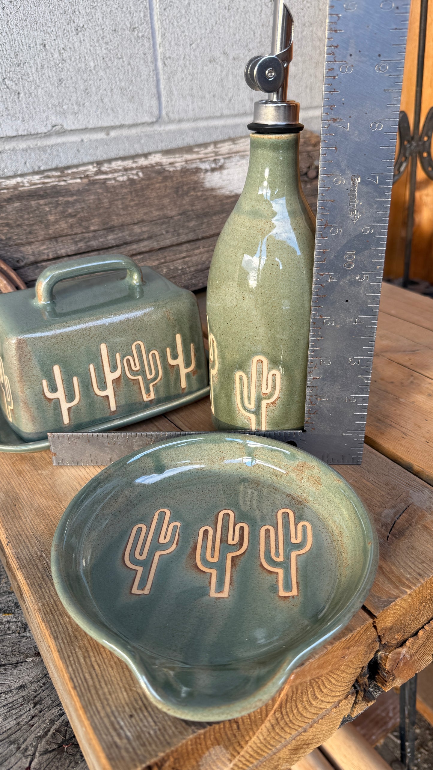 Set- Cactus Butter dish, spoon rest and oil bottle