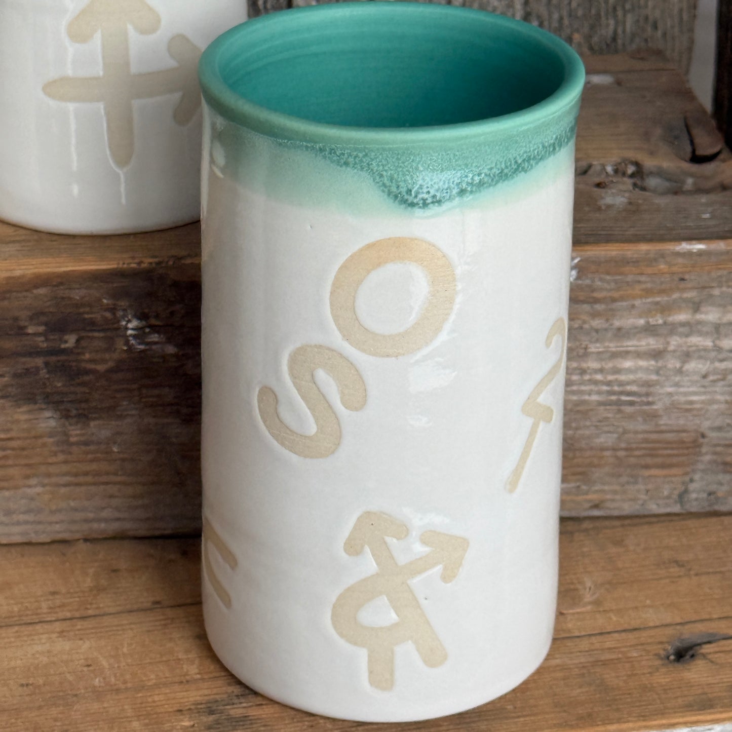 Cup Set of 4 - Branded  White and Turquoise
