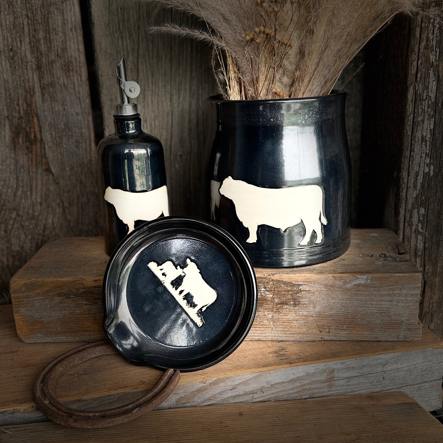 Kitchen Utensil Crock, spoon rest and soap dispenser- gunmetal cattle