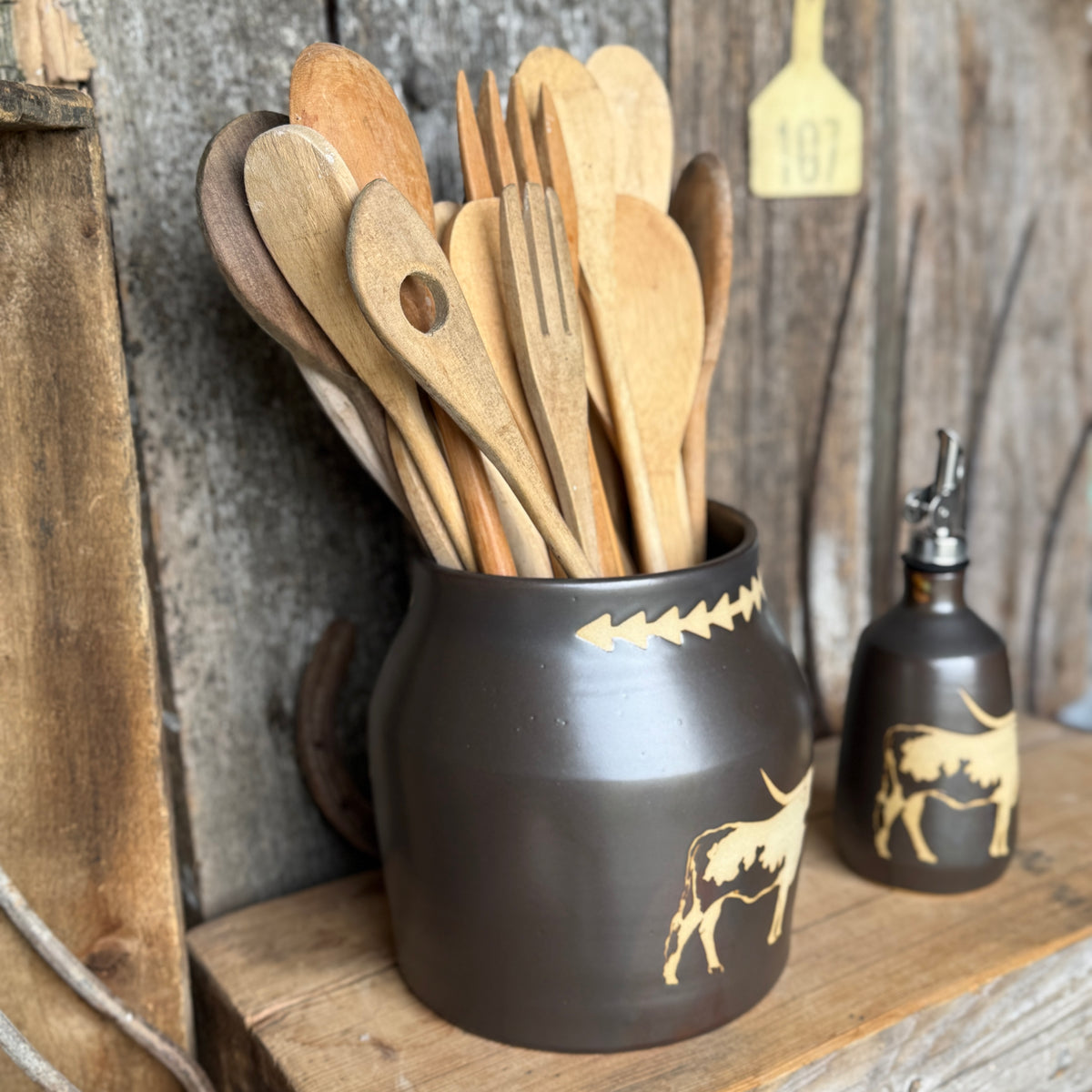 Kitchen Utensil Crock,and Oil Bottle - Leather Longhorn