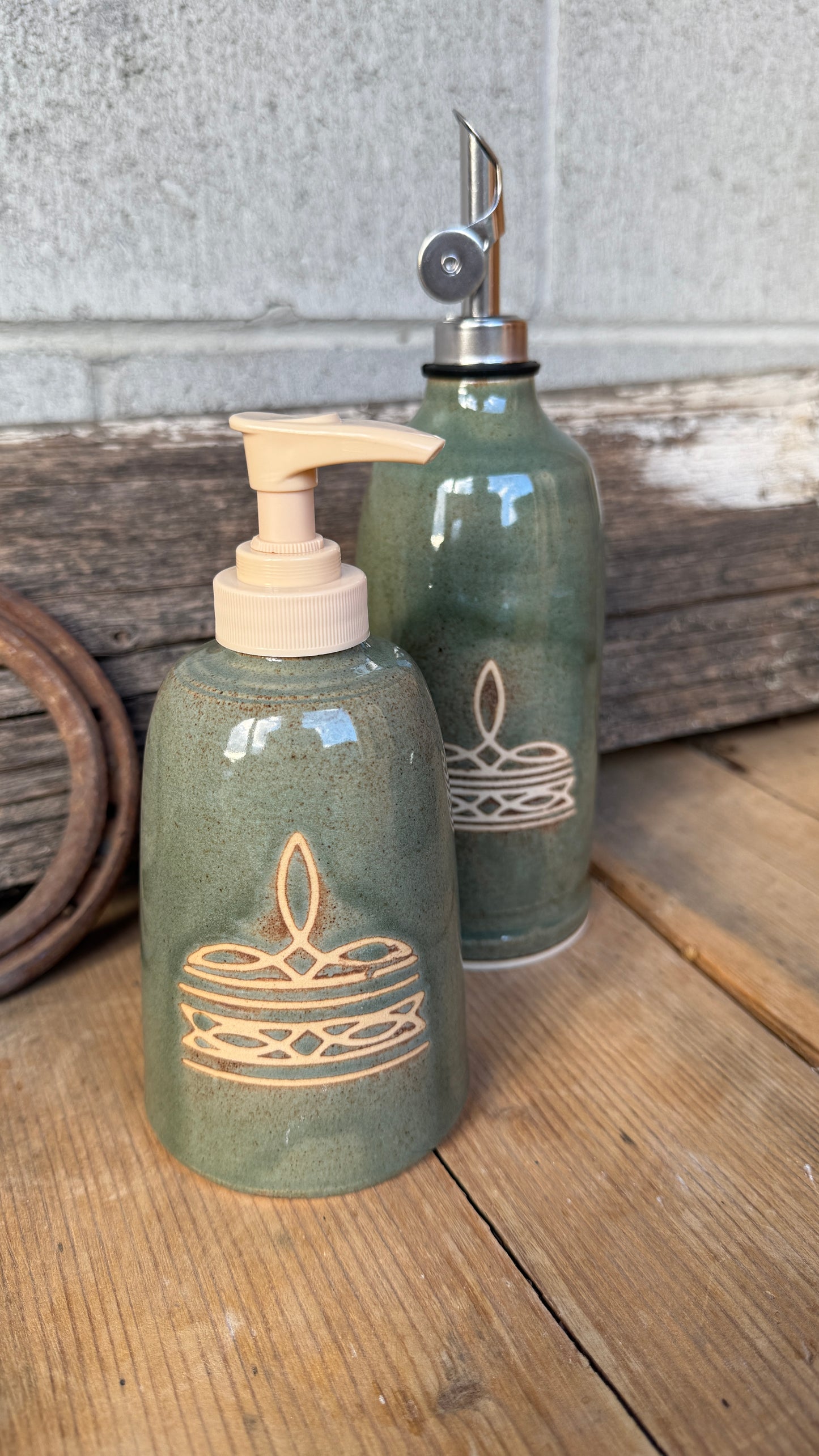 Set- Bootstitch Butter dish, soap dispenser and oil bottle