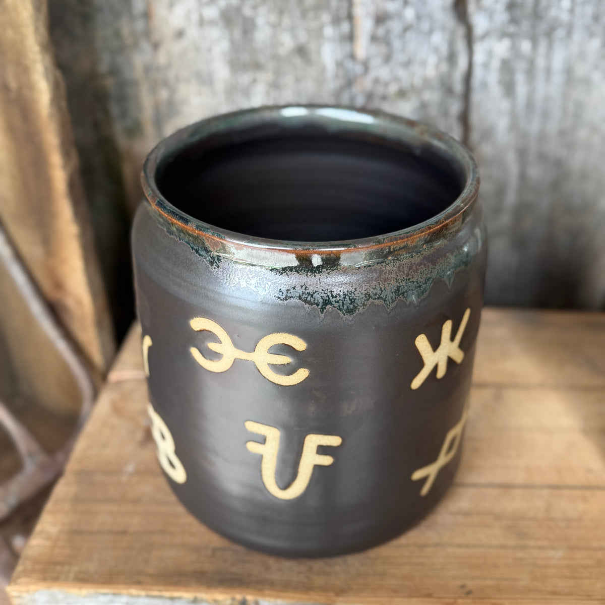 Kitchen Utensil Crock,and Oil Bottle - Leather/ Sagebrush Branded