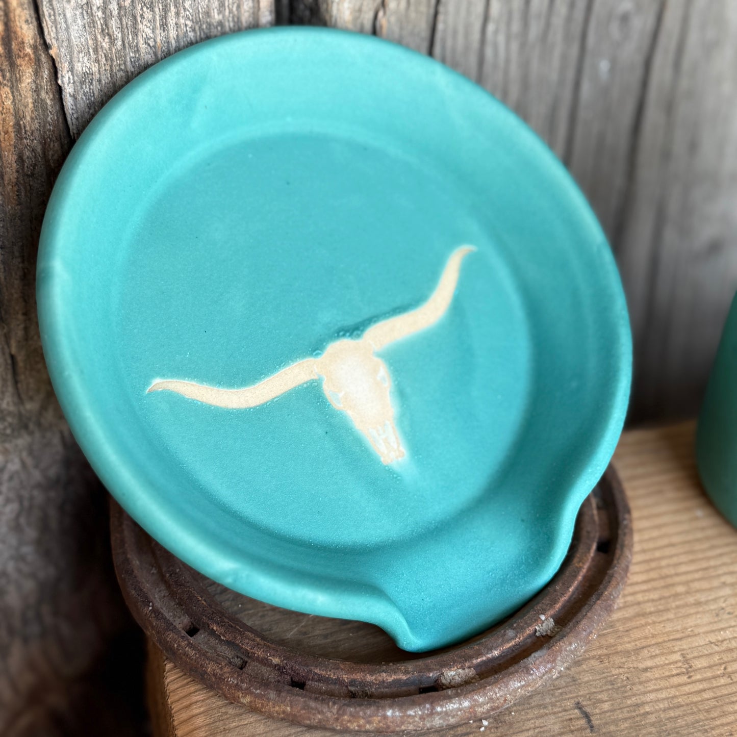 Soap dispenser and spoon rest -  longhorn skull in turquoise