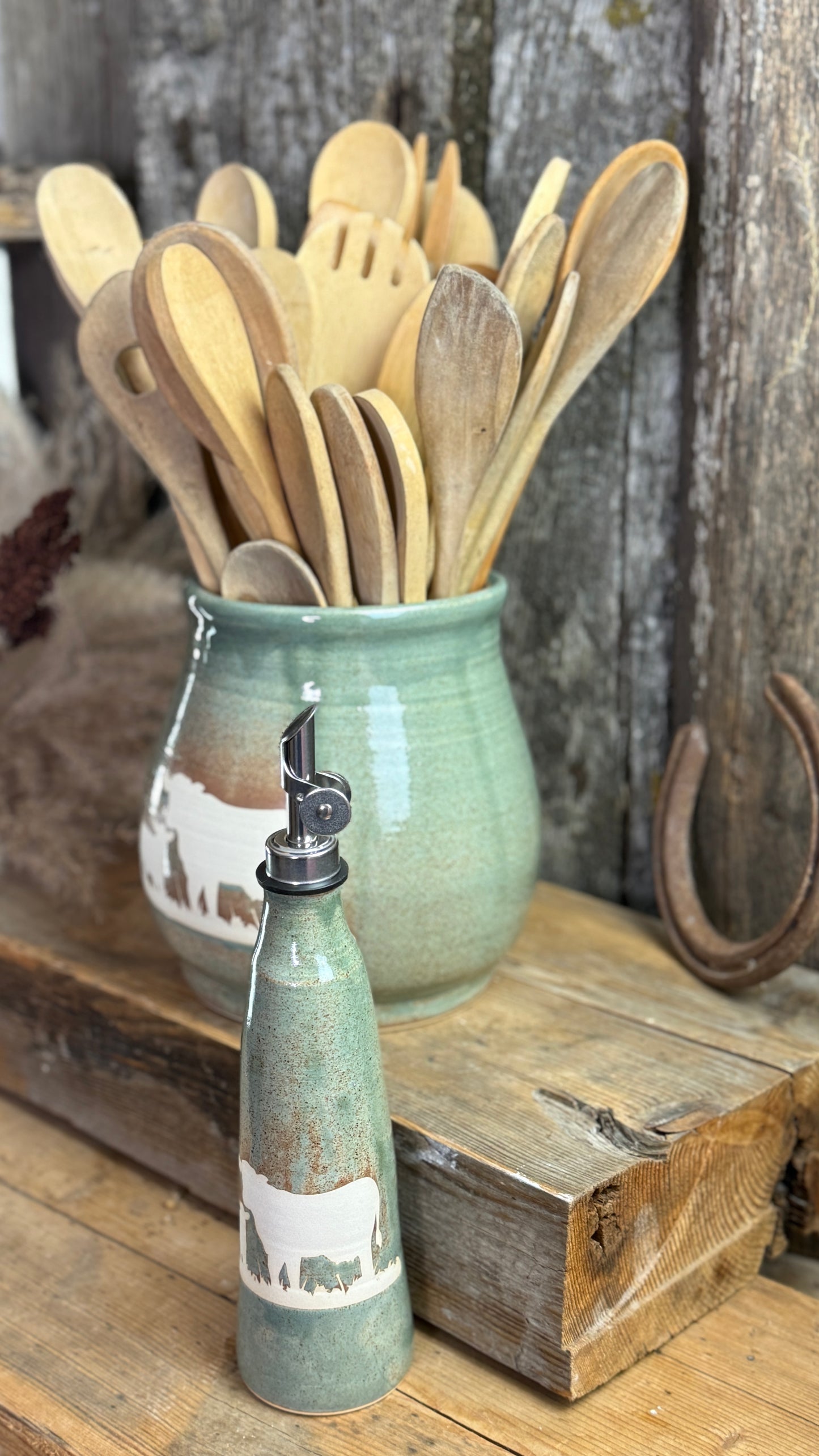 Kitchen Utensil Crock and oil bottle  -