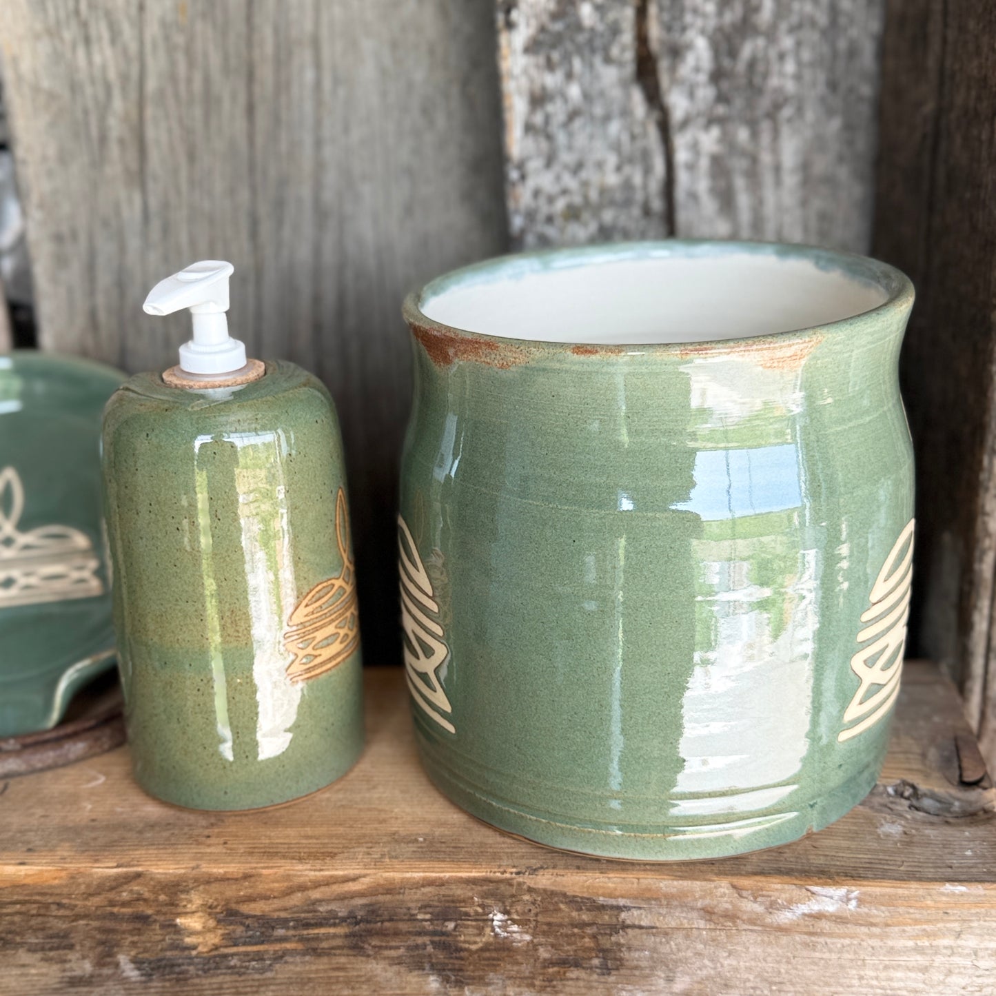 Kitchen Utensil Crock, soap, dispenser and Oil Bottle - Sagebrush Boot Stitch