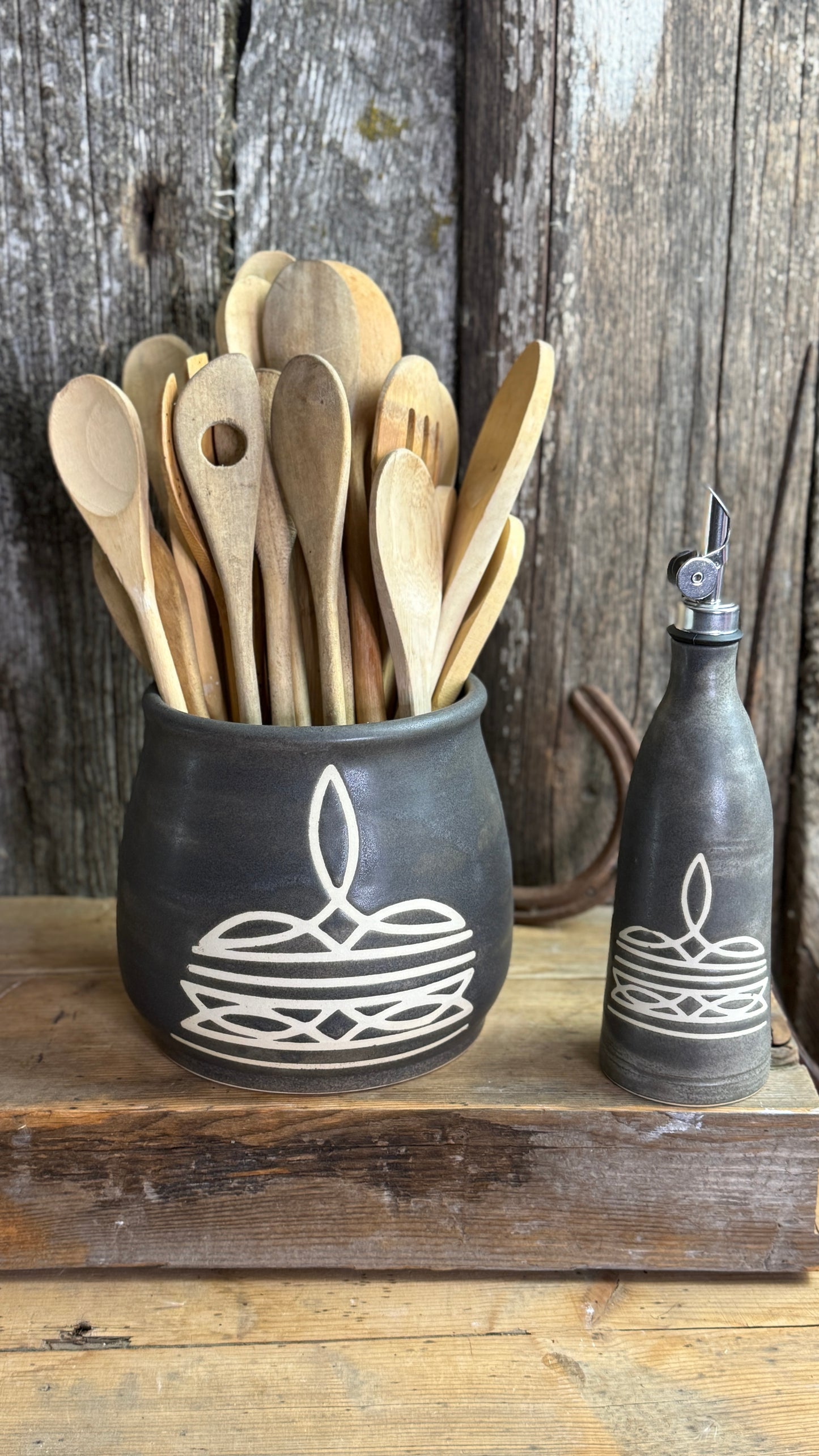 Kitchen Utensil Crock and oil bottle  - Boot Stitch River Rock