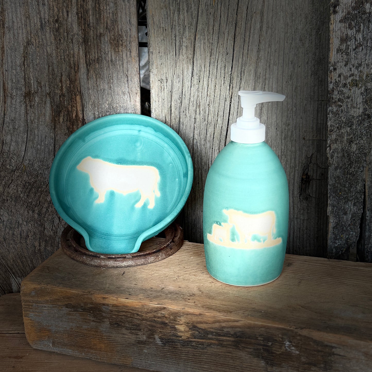 Soap dispenser and spoon rest -  Cattle in turquoise