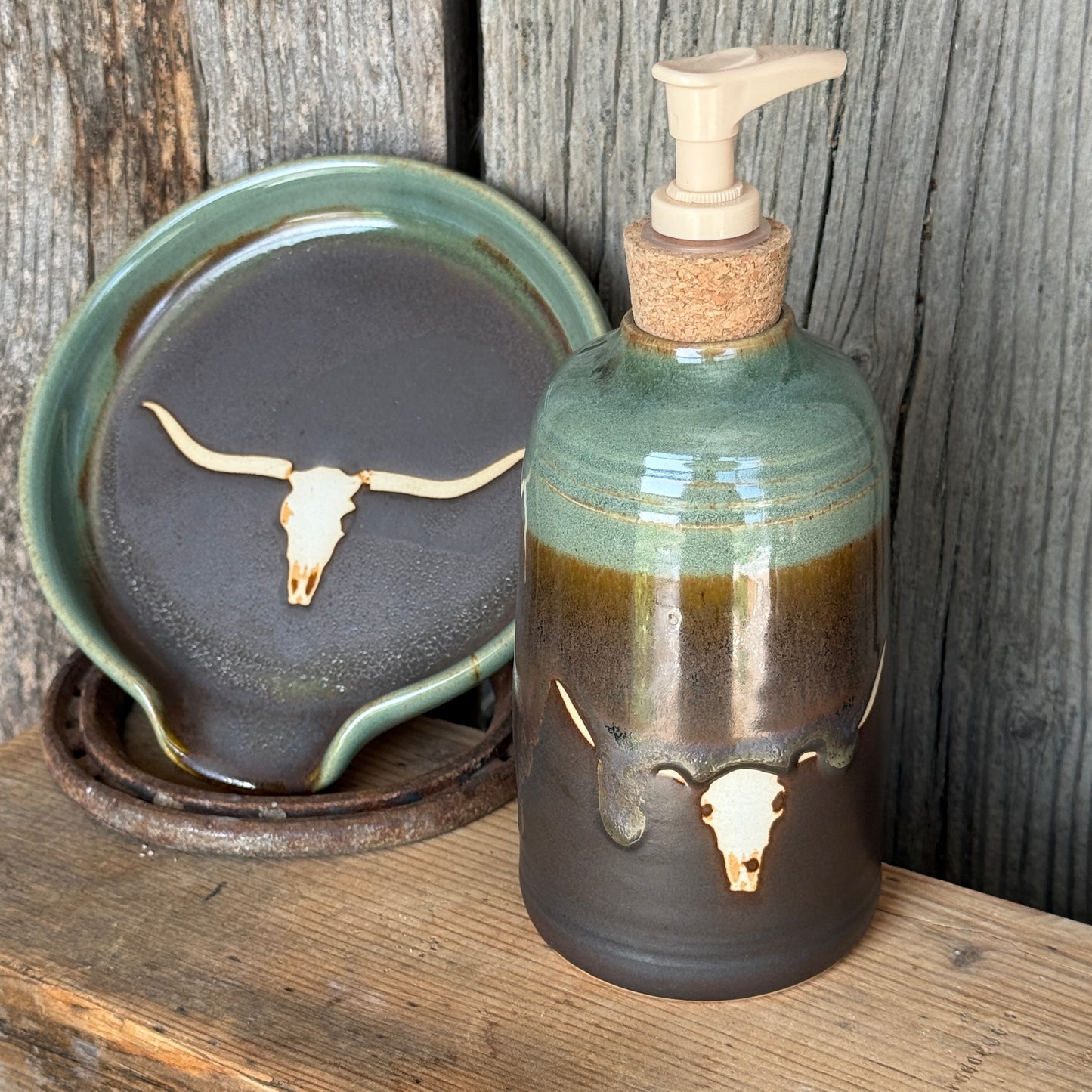 Soap dispenser and spoon rest -  skull Sagebrush and Leather