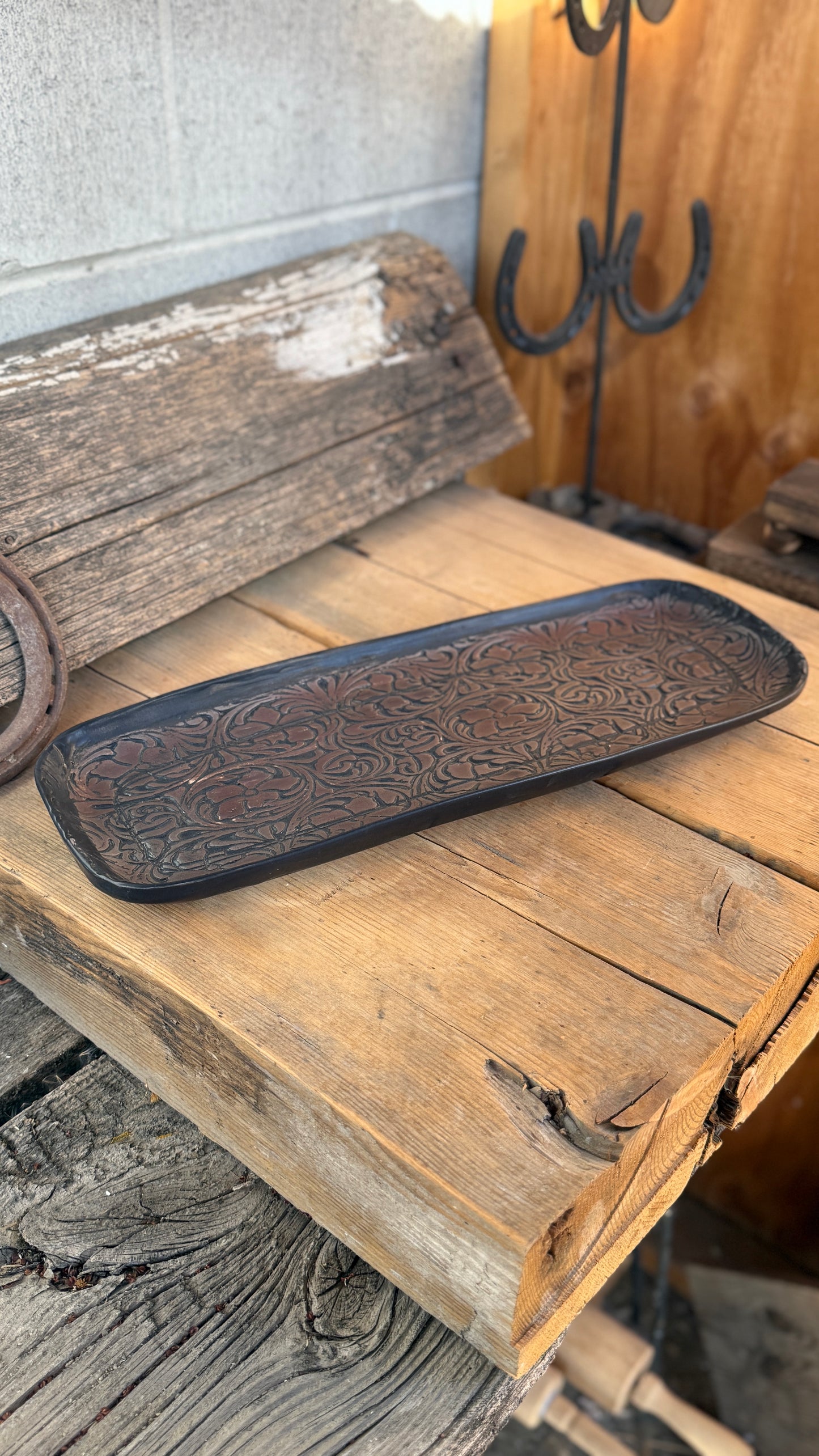 15” Stamped Leather Serving Platter and Butter Dish Set