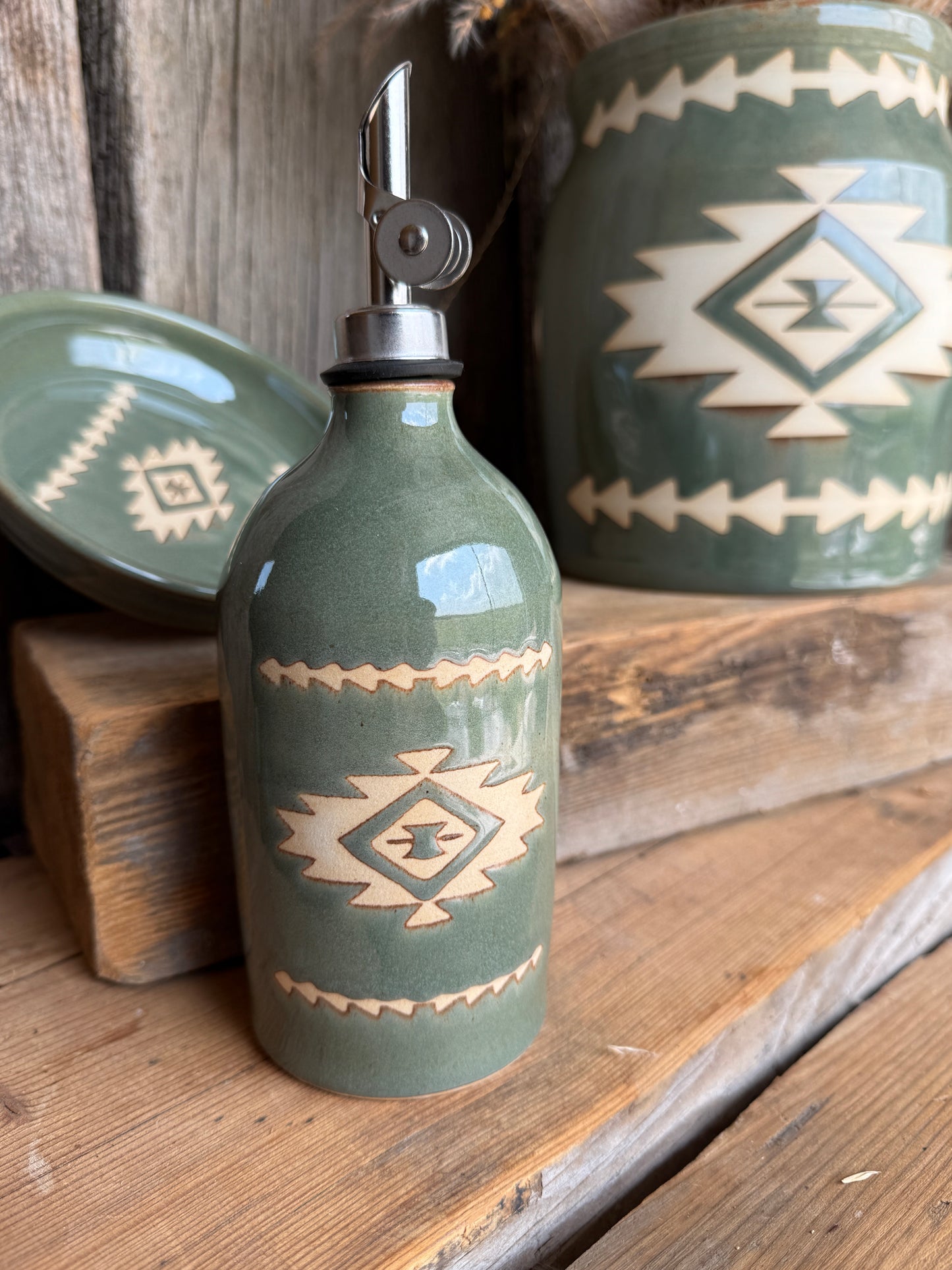 Kitchen Utensil Crock, spoon rest and Oil Bottle - sagebrush southwestern