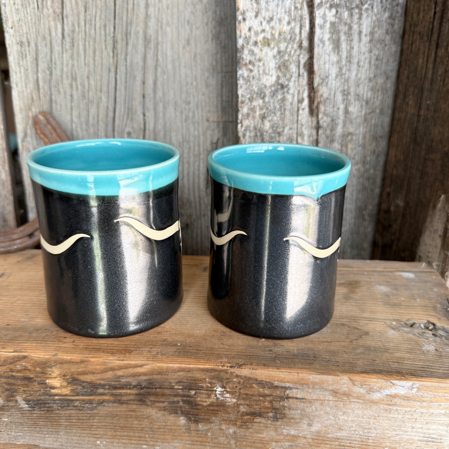 Cup Set of 2-  Longhorn skull Turquoise and Gunmetal