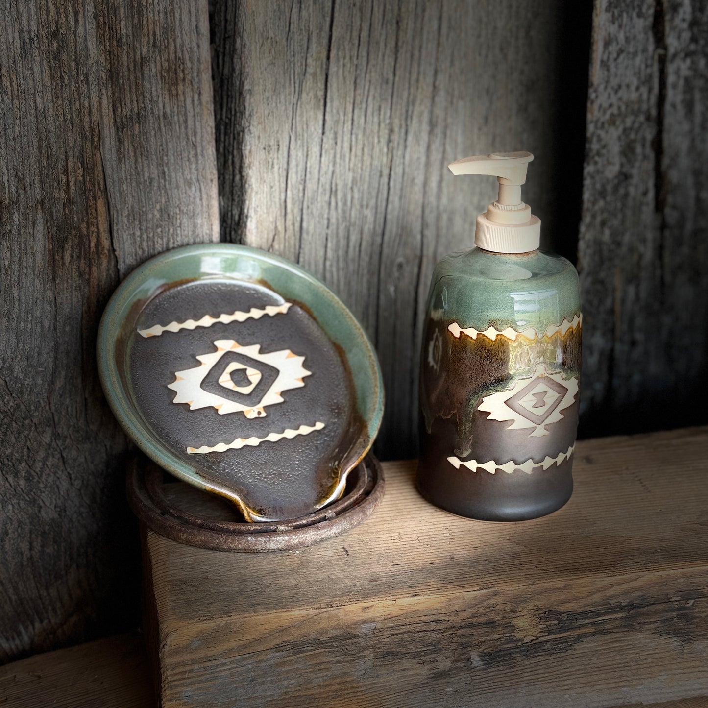 Soap dispenser and spoon rest -  southwestern Sagebrush and Leather