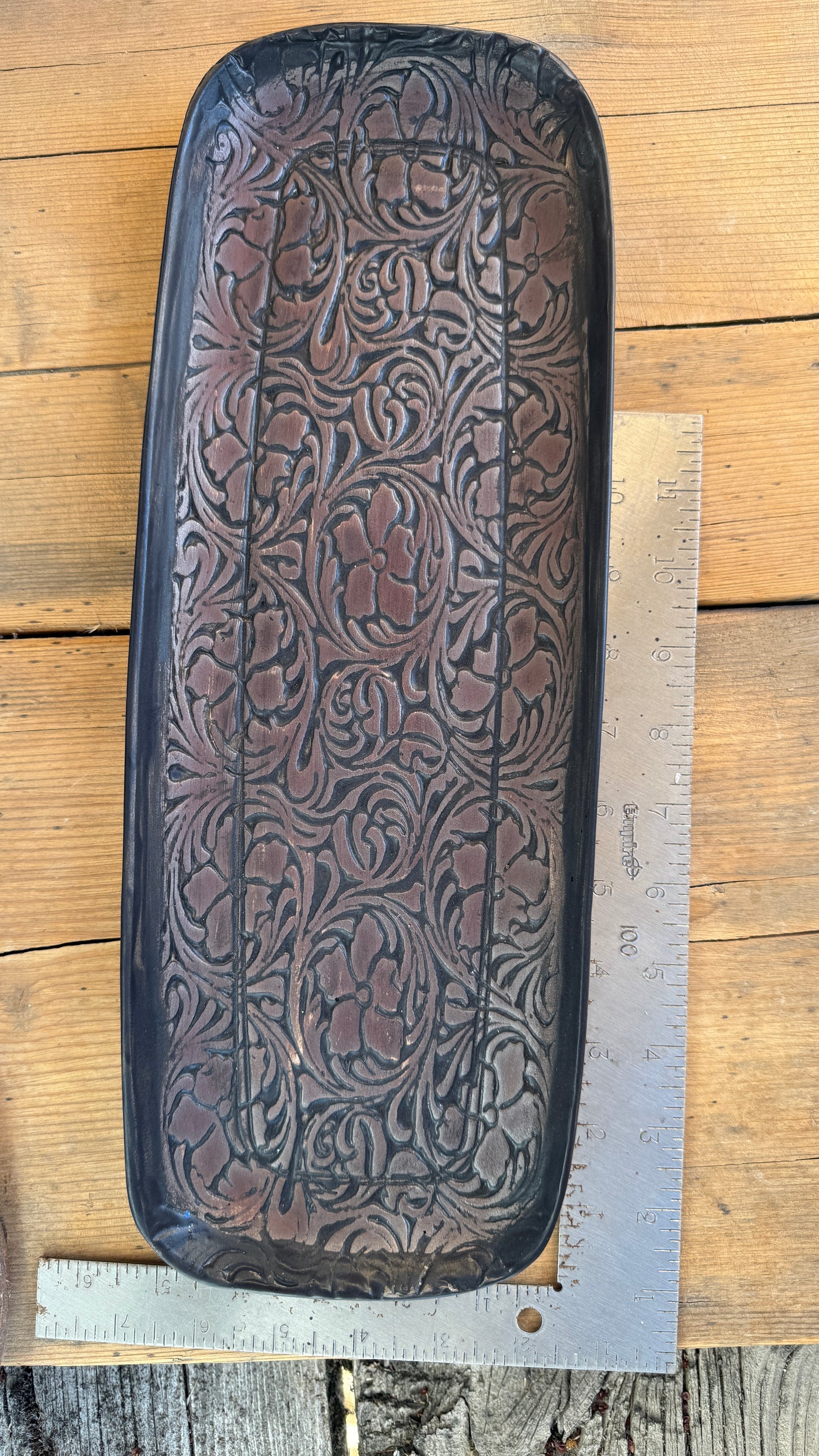 15” Stamped Leather Serving Platter and Butter Dish Set