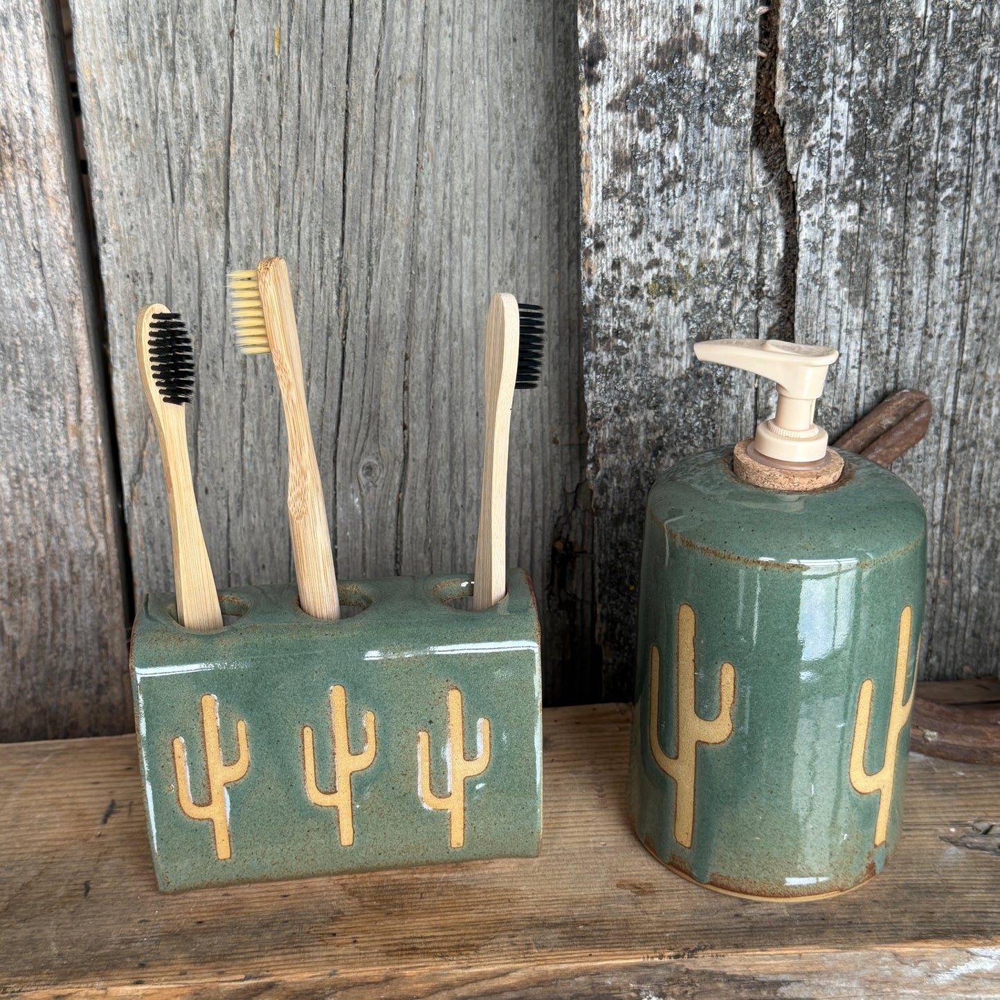 Bathroom Set of 2 - Soap Bottle, toothbrush holder - Cactus Sagebrush