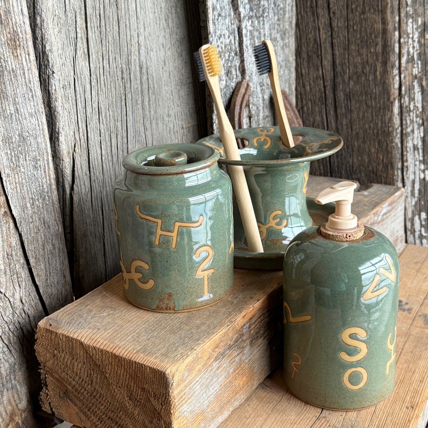 Bathroom Set of 3 - Soap Bottle, canister, and toothbrush holder - Branded Sagebrush