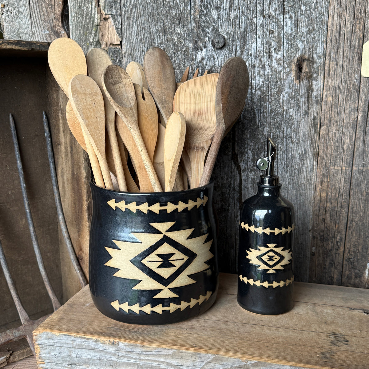 Kitchen Utensil Crock,and Oil Bottle - Gunmetal Southwestern