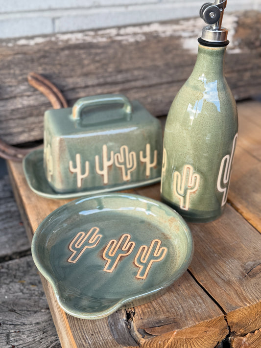 Set- Cactus Butter dish, spoon rest and oil bottle