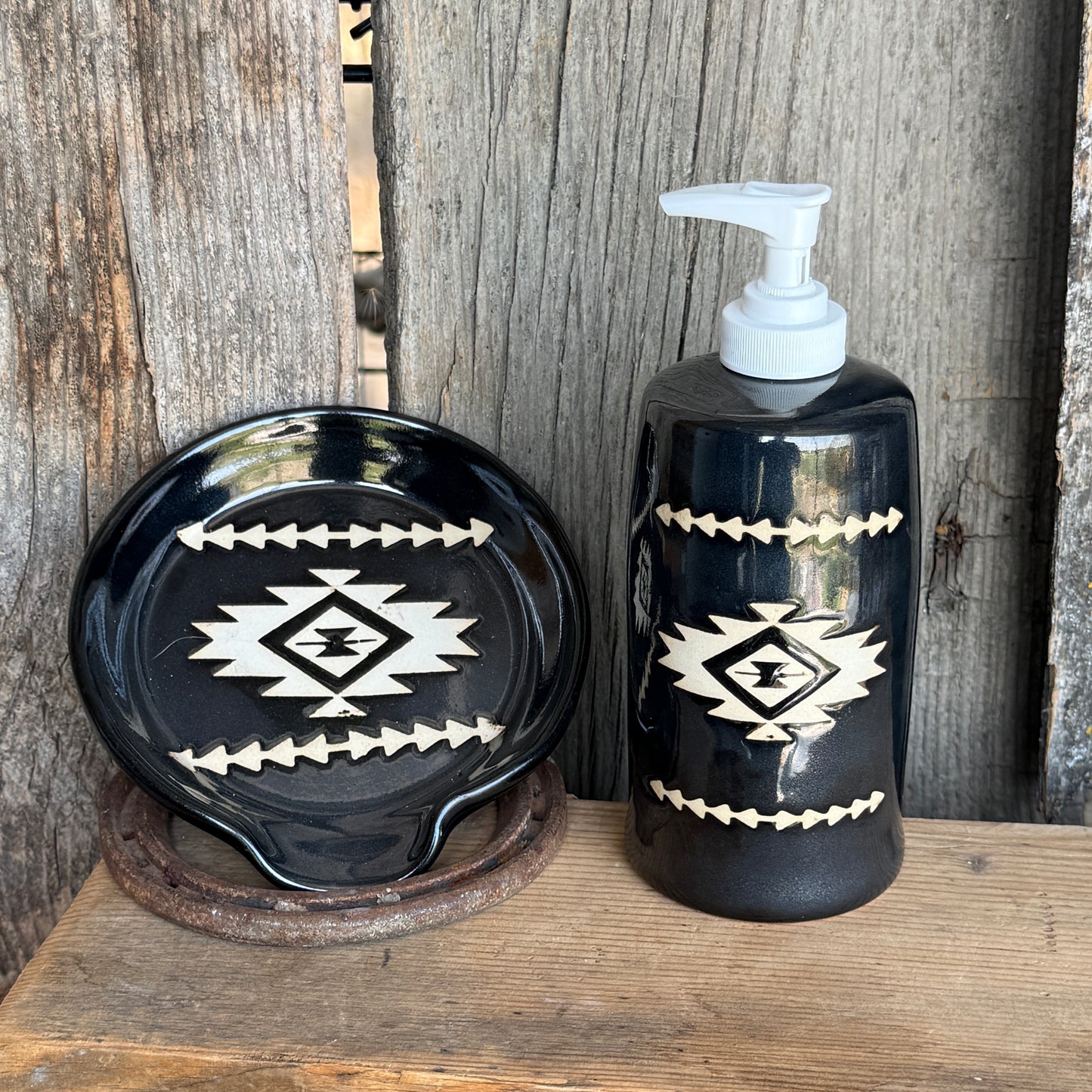 Kitchen Utensil Crock, spoon rest and soap dispenser- gunmetal southwestern