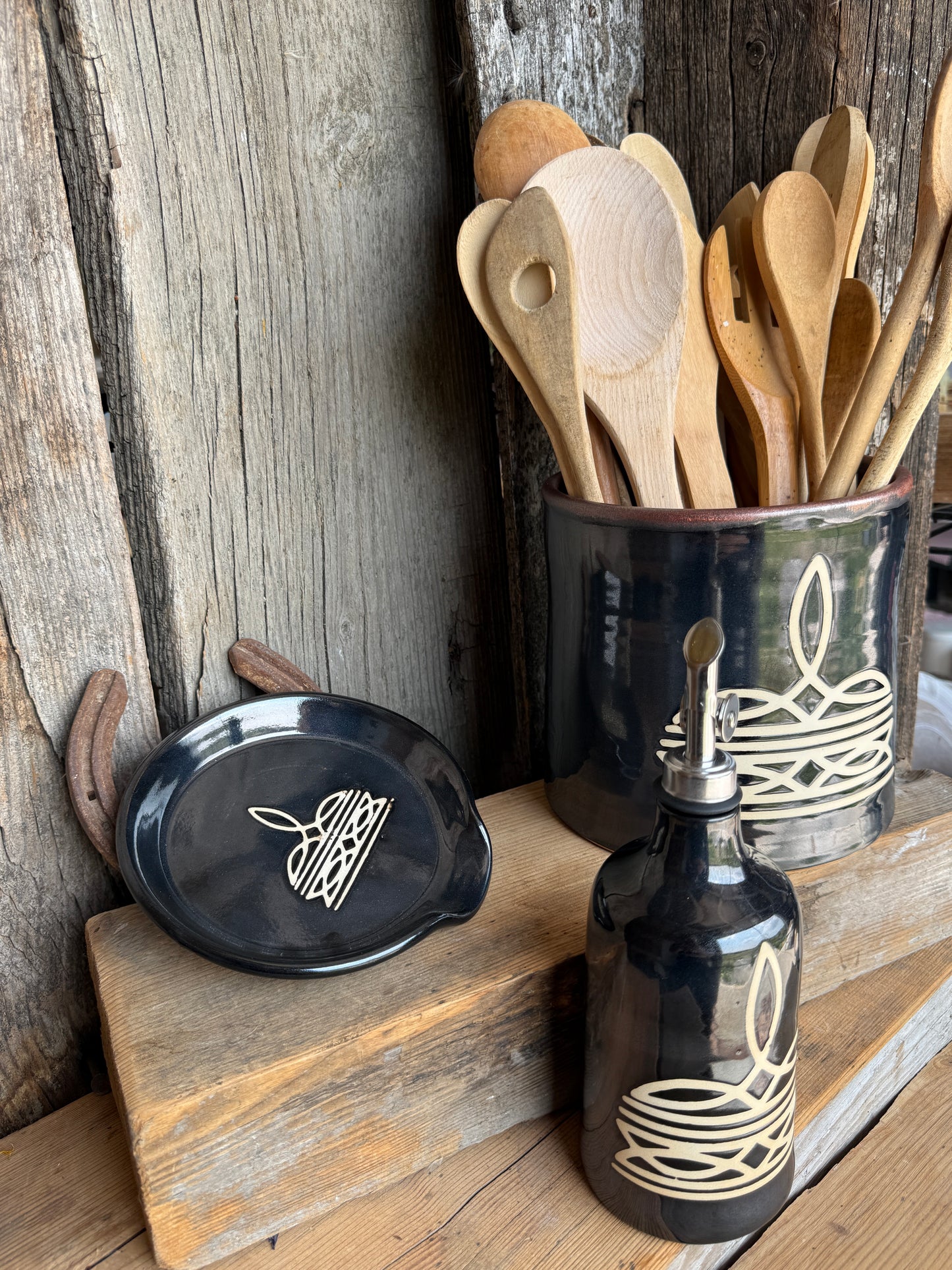Kitchen Utensil Crock, spoon rest and Oil Bottle - gunmetal boot stitch