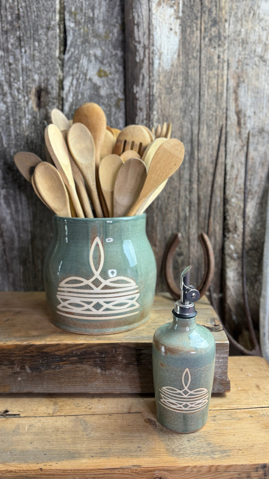 Kitchen Utensil Crock and oil bottle  - Bootstitch Sagebrush