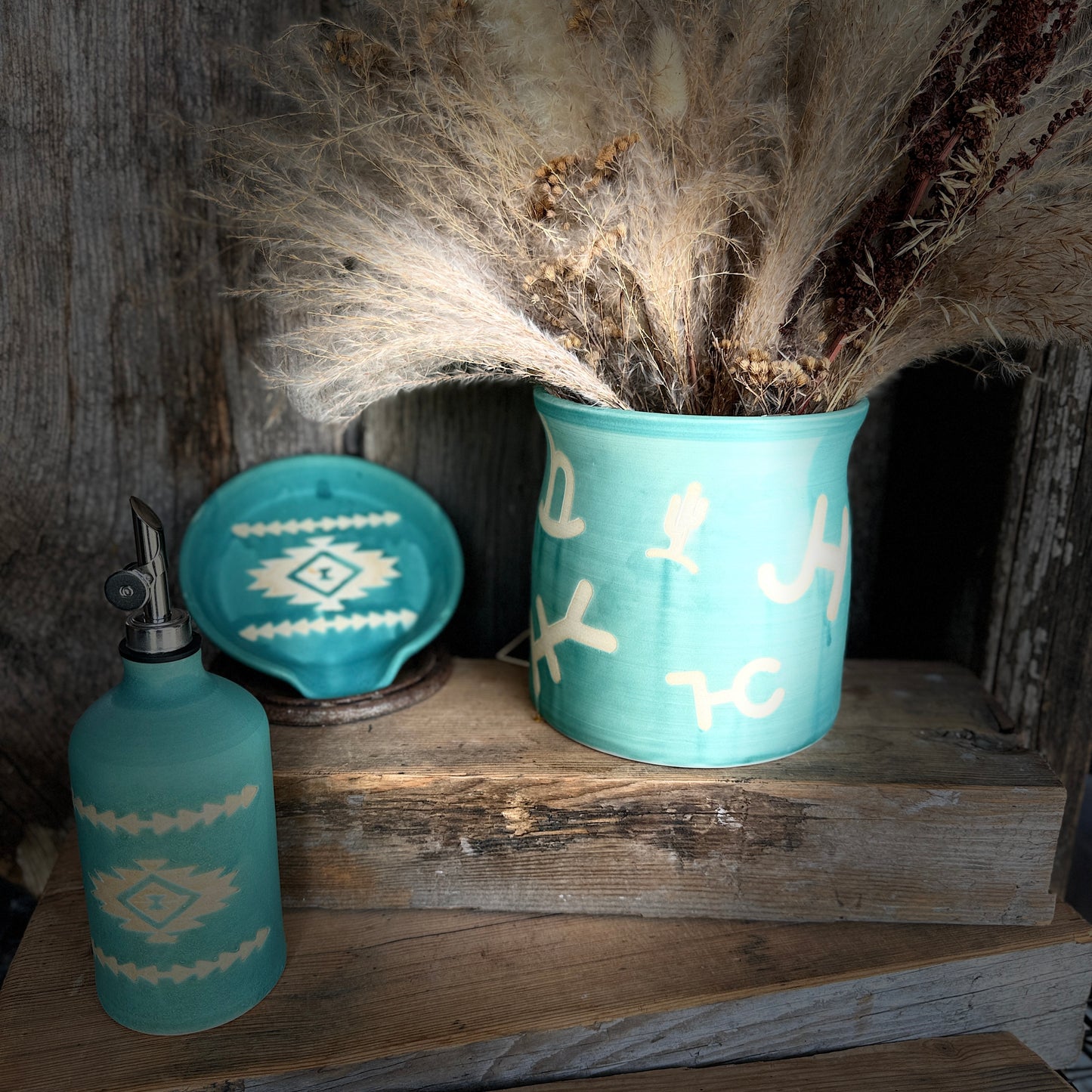 Kitchen Utensil Crock, spoon rest and Oil Bottle - turquoise