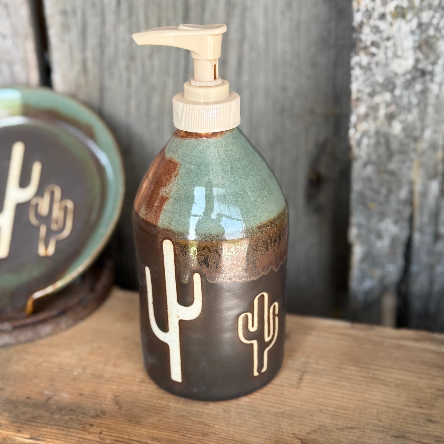 Soap dispenser and spoon rest -  Cactus Sagebrush and Leather