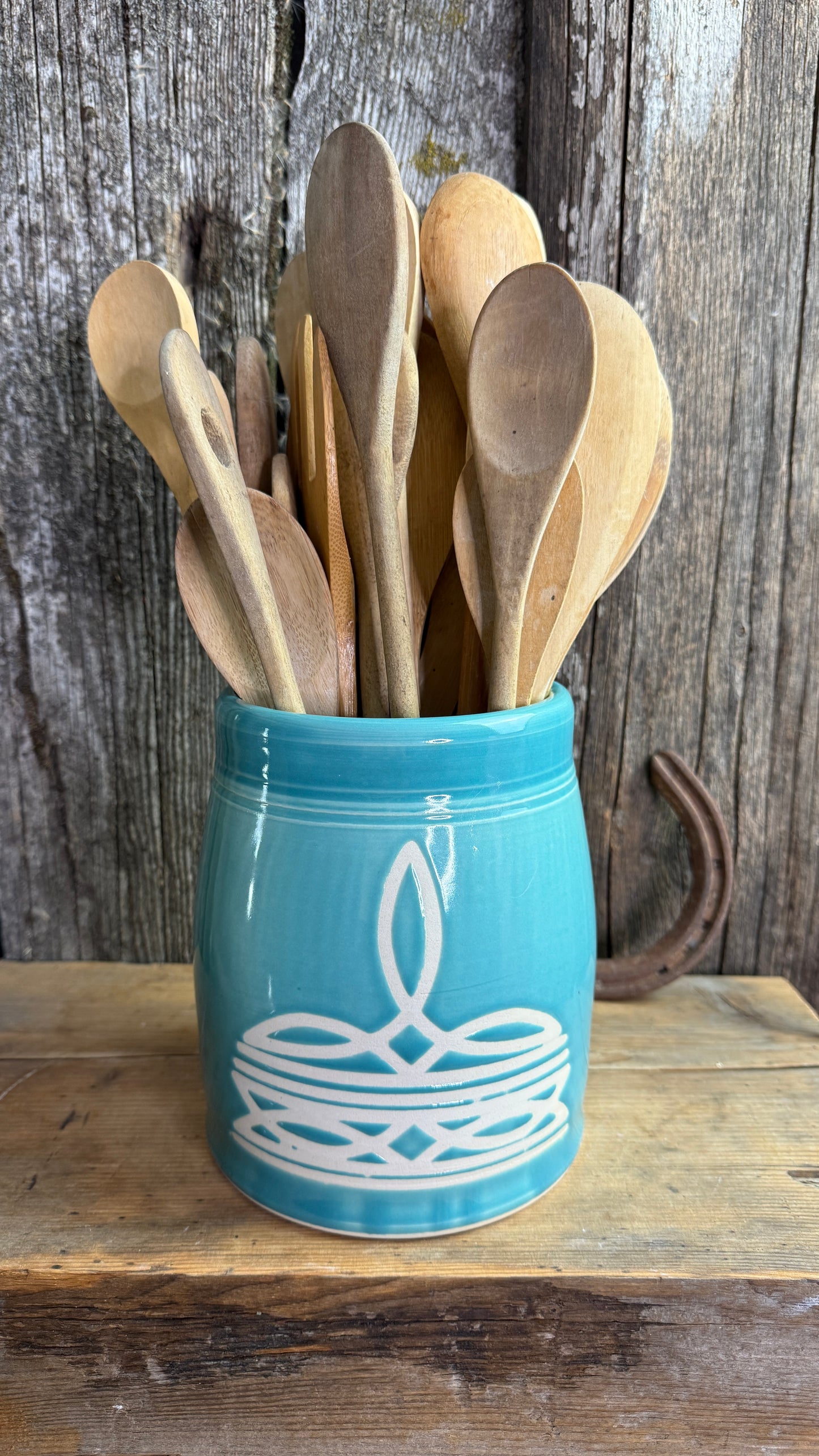 Kitchen Utensil Crock and oil bottle  dispenser - Tiffany Turquoise