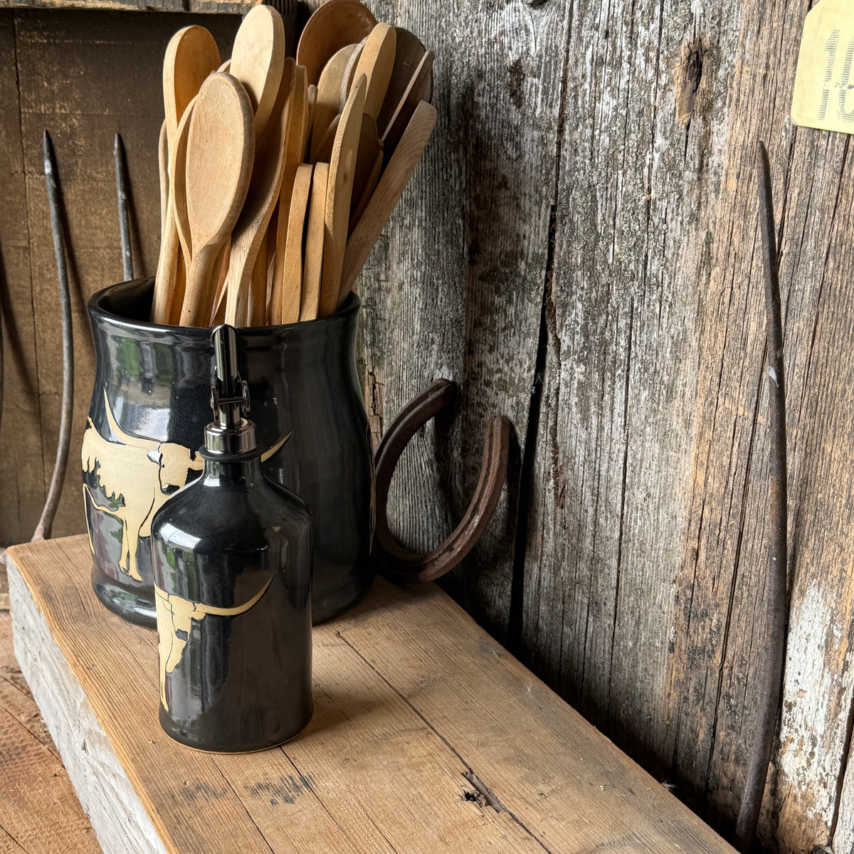 Kitchen Utensil Crock,and Oil Bottle - Gunmetal Longhorn