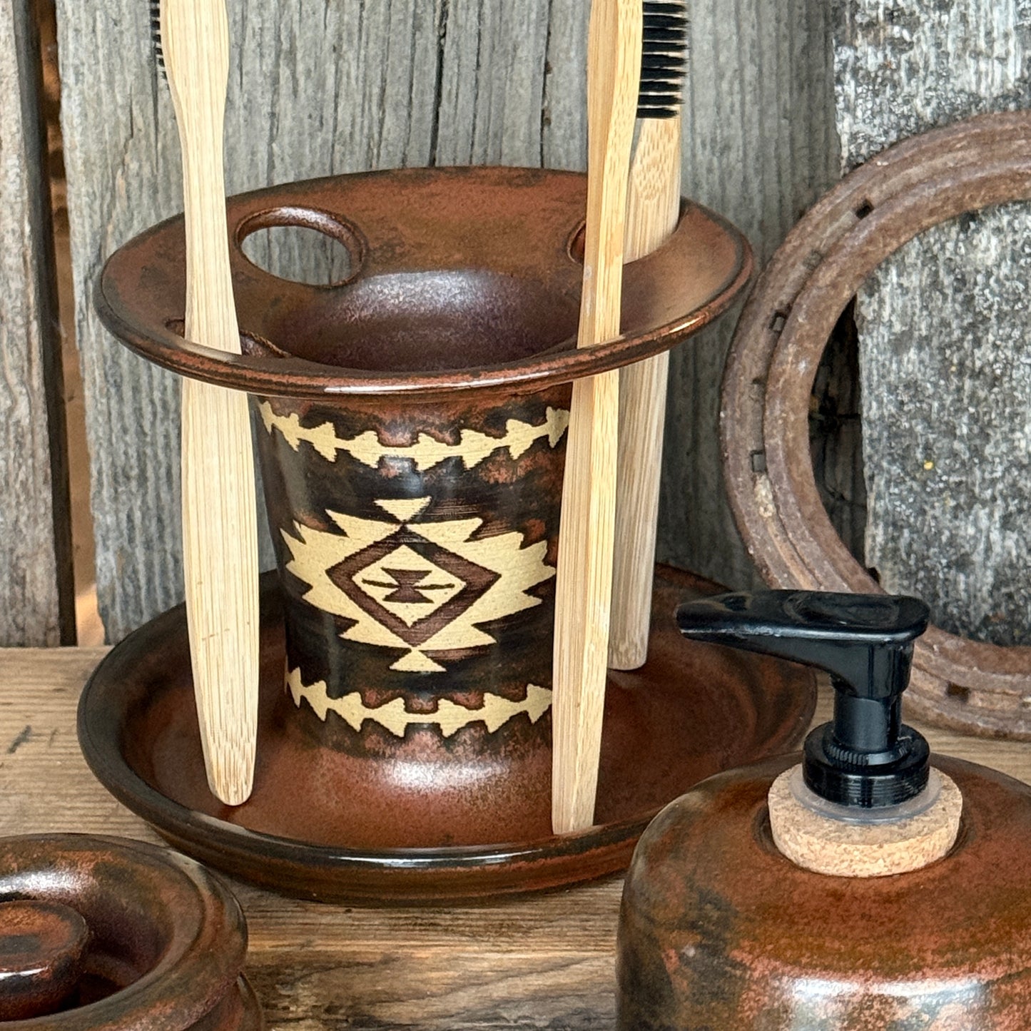 Bathroom Set of 3 - Soap Bottle, canister, and toothbrush holder - Southwestern Copper