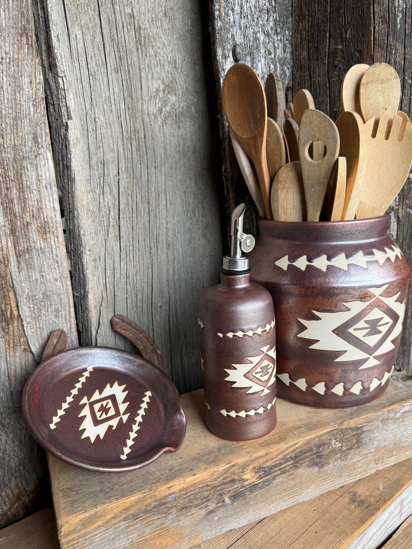 Kitchen Utensil Crock, spoon rest and Oil Bottle - Copper Southwestern