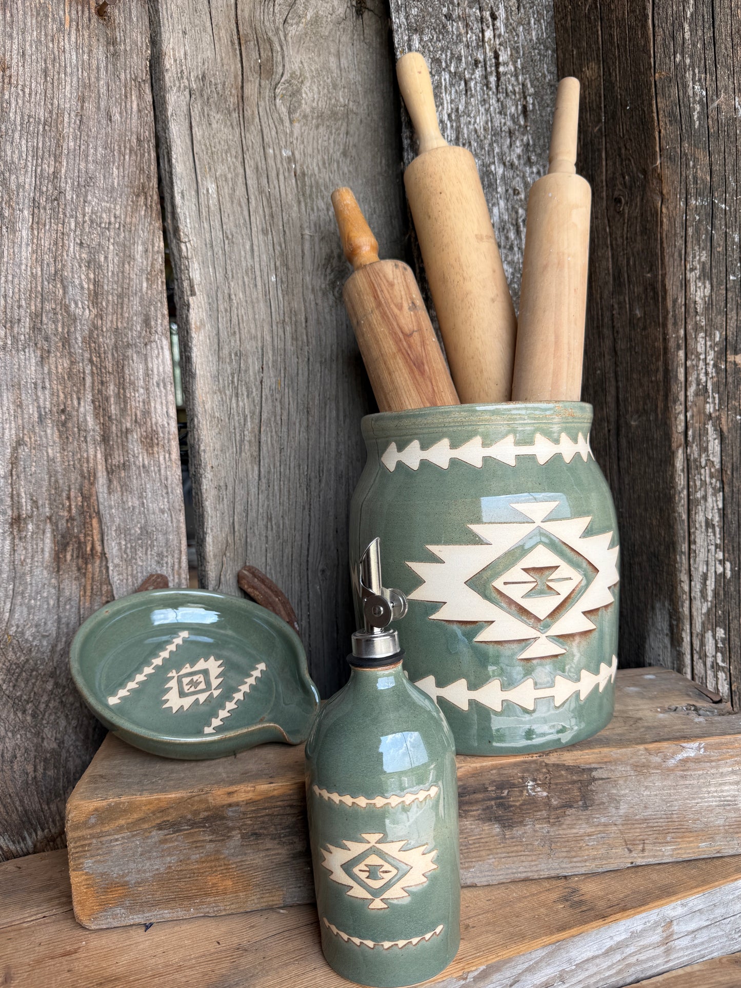 Kitchen Utensil Crock, spoon rest and Oil Bottle - sagebrush southwestern