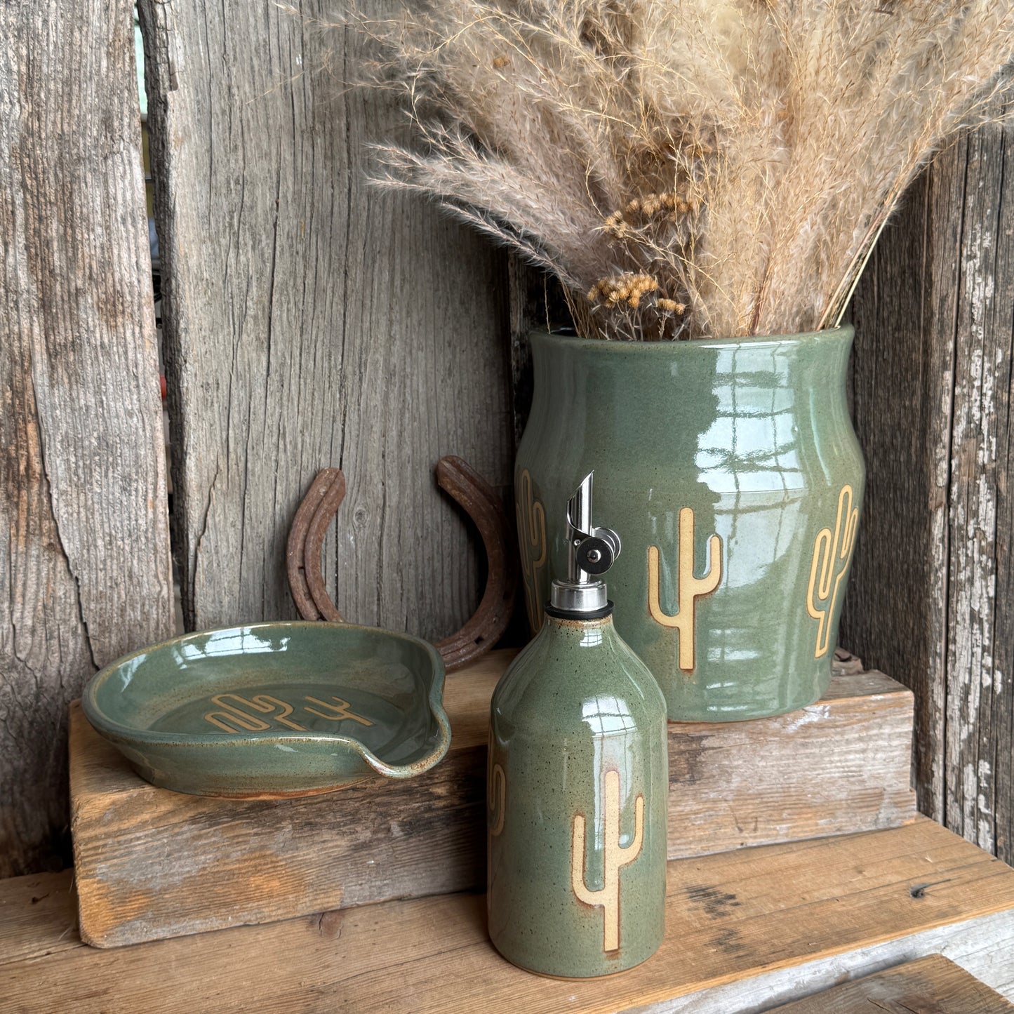 Kitchen Utensil Crock, spoon rest and Oil Bottle - Cactus Sagebrush