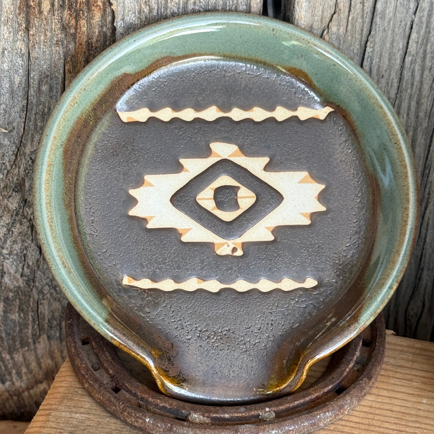 Soap dispenser and spoon rest -  southwestern Sagebrush and Leather
