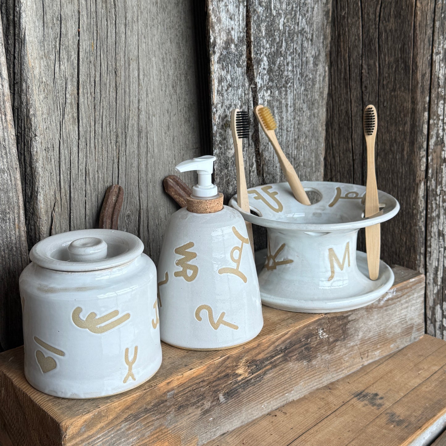 Bathroom Set of 3 - Soap Bottle, canister, and toothbrush holder - Branded White