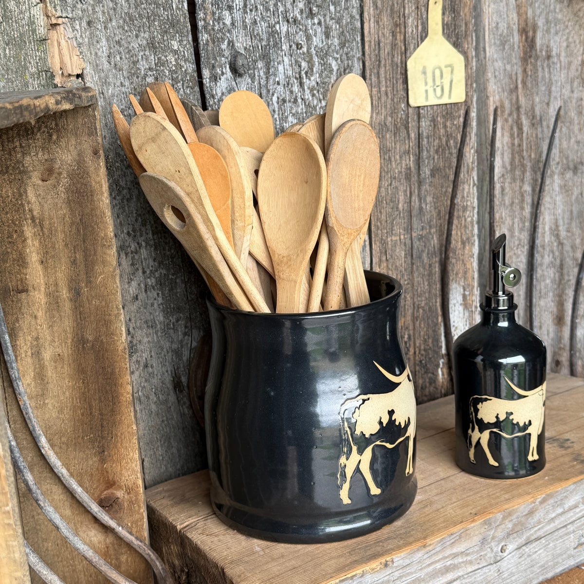 Kitchen Utensil Crock,and Oil Bottle - Gunmetal Longhorn