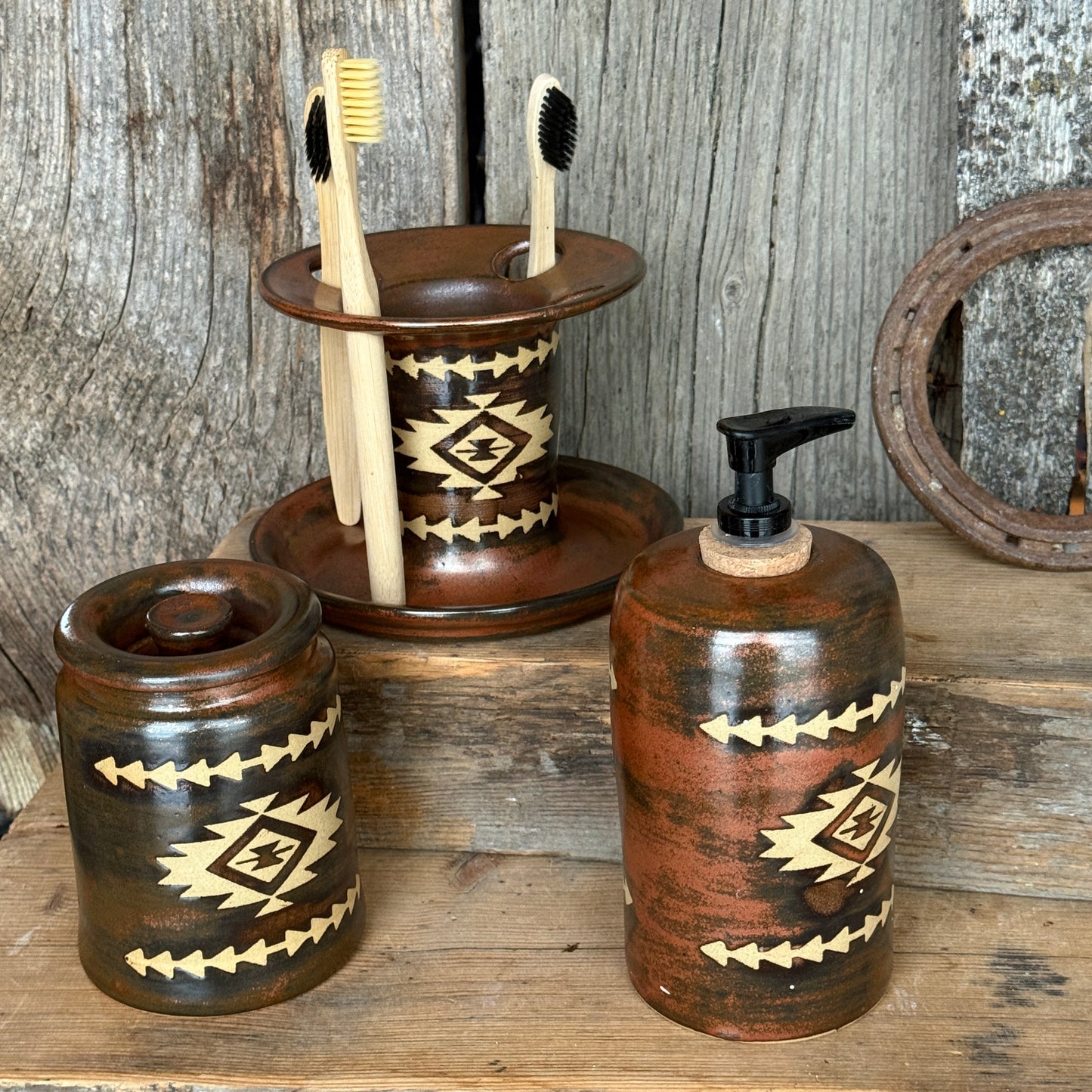 Bathroom Set of 3 - Soap Bottle, canister, and toothbrush holder - Southwestern Copper