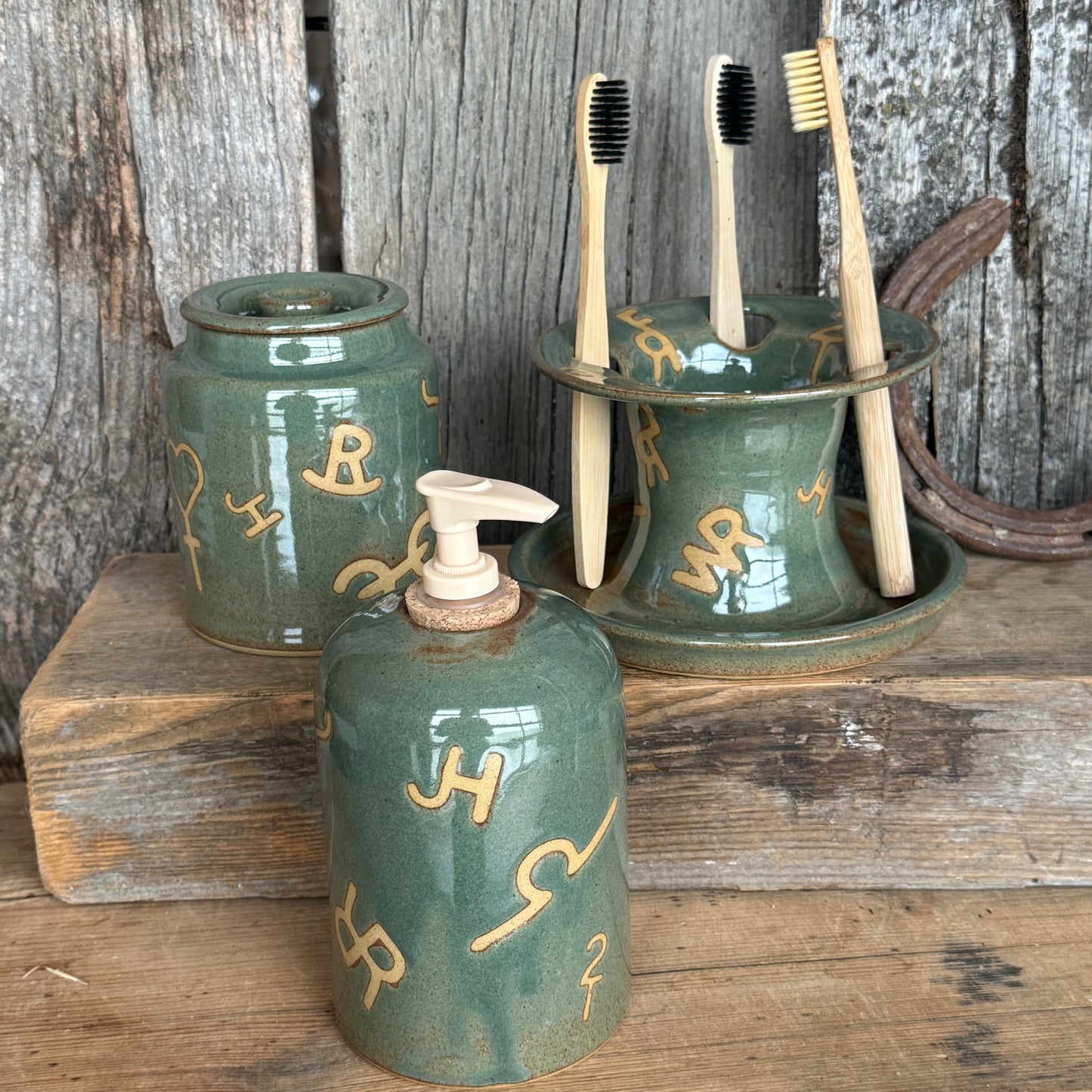 Bathroom Set of 3 - Soap Bottle, canister, and toothbrush holder - Branded Sagebrush