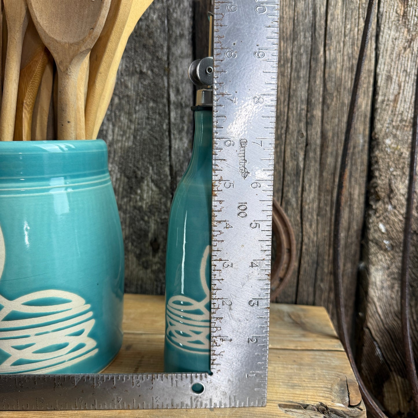 Kitchen Utensil Crock and oil bottle  dispenser - Tiffany Turquoise