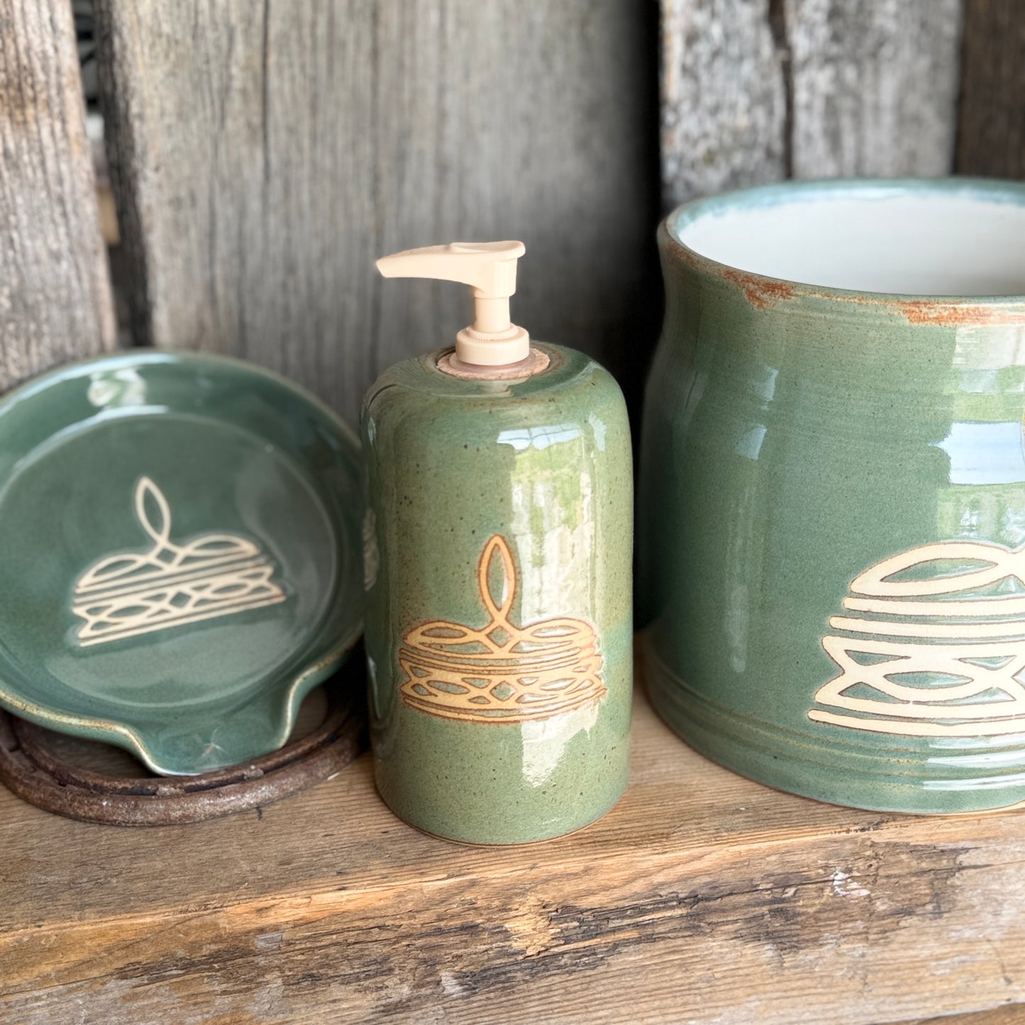 Kitchen Utensil Crock, soap, dispenser and Oil Bottle - Sagebrush Boot Stitch