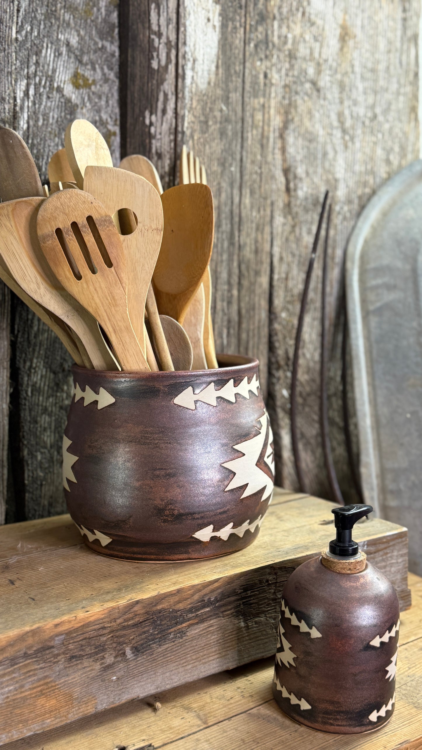 Kitchen Utensil Crock and soap dispenser - Copper southwestern