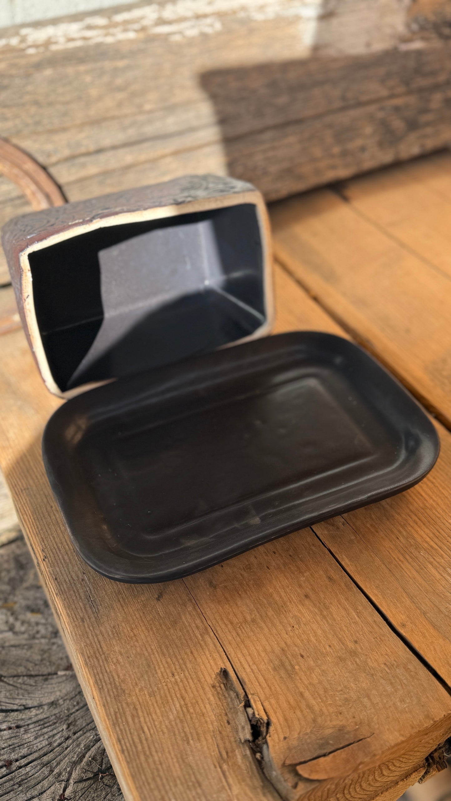 15” Stamped Leather Serving Platter and Butter Dish Set