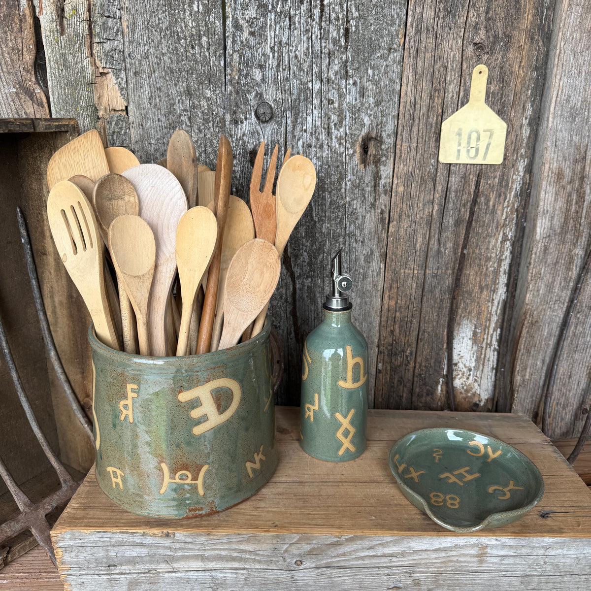 Kitchen Utensil Crock, spoon rest and oil bottle- Sagebrush Branded