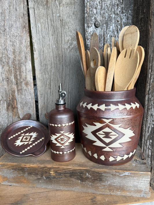 Kitchen Utensil Crock, spoon rest and Oil Bottle - Copper Southwestern