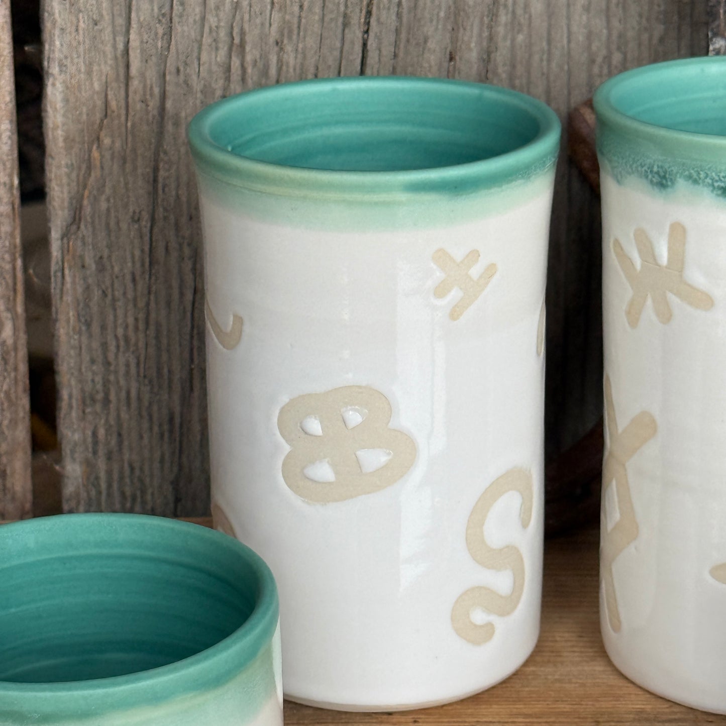 Cup Set of 4 - Branded  White and Turquoise